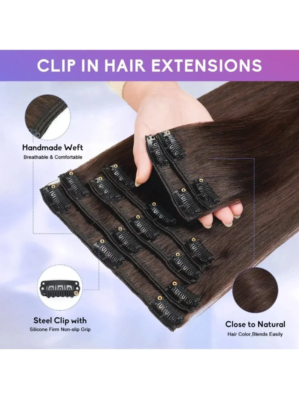 14-Inch Dark Brown Clip-In Hair Extensions - Real Human Hair, Double Weft, Thick